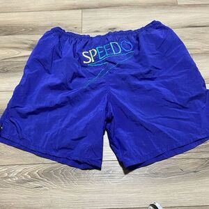 Speedo Swim Trunks Blue Colorblock Dawstring Waist Adjustable Vintage Spell‎ Out